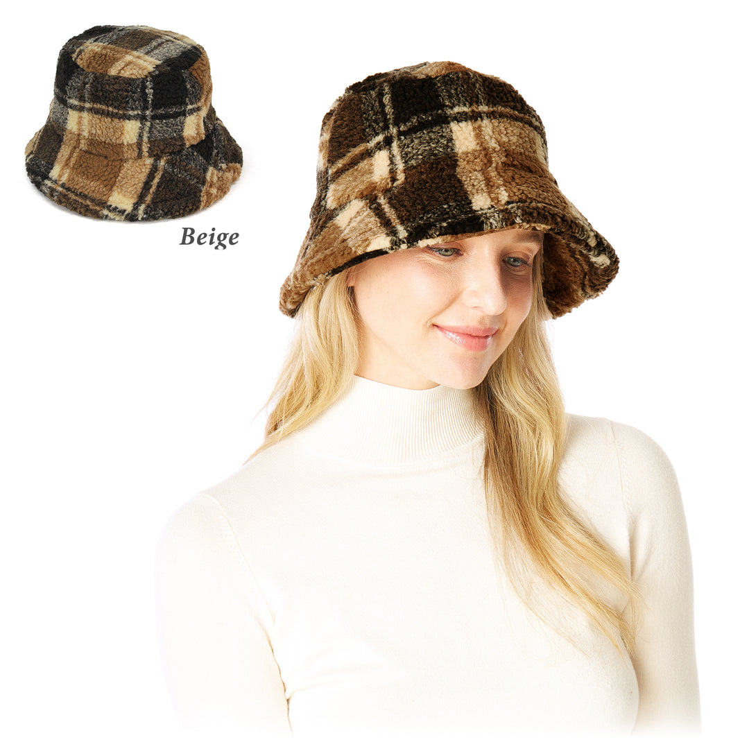 FAUX FUR BUCKET HAT BEIGE PLAID – Timeless Irish Treasures display picture 1