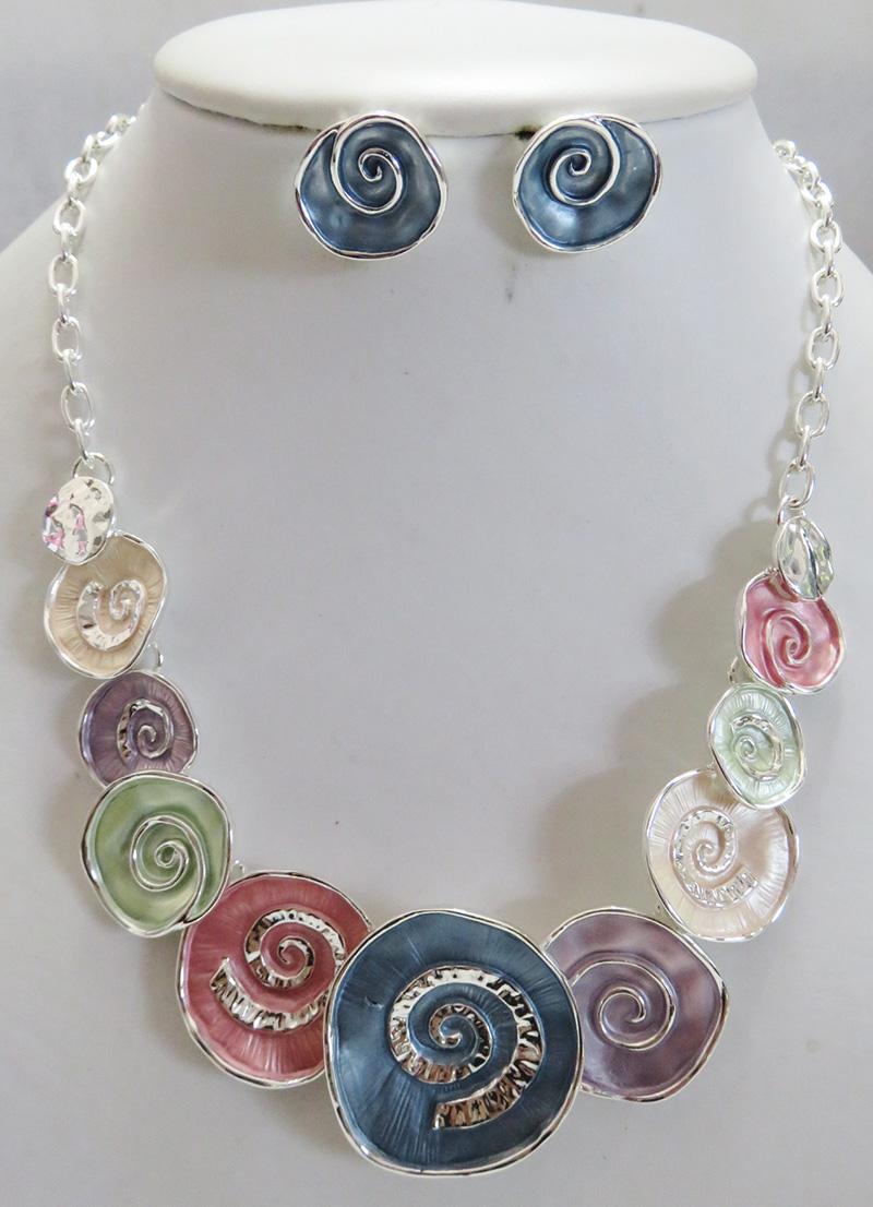 SHADES OF COLOR ENAMEL ART DECO SPIRAL NECKLACE AND EARRINGS